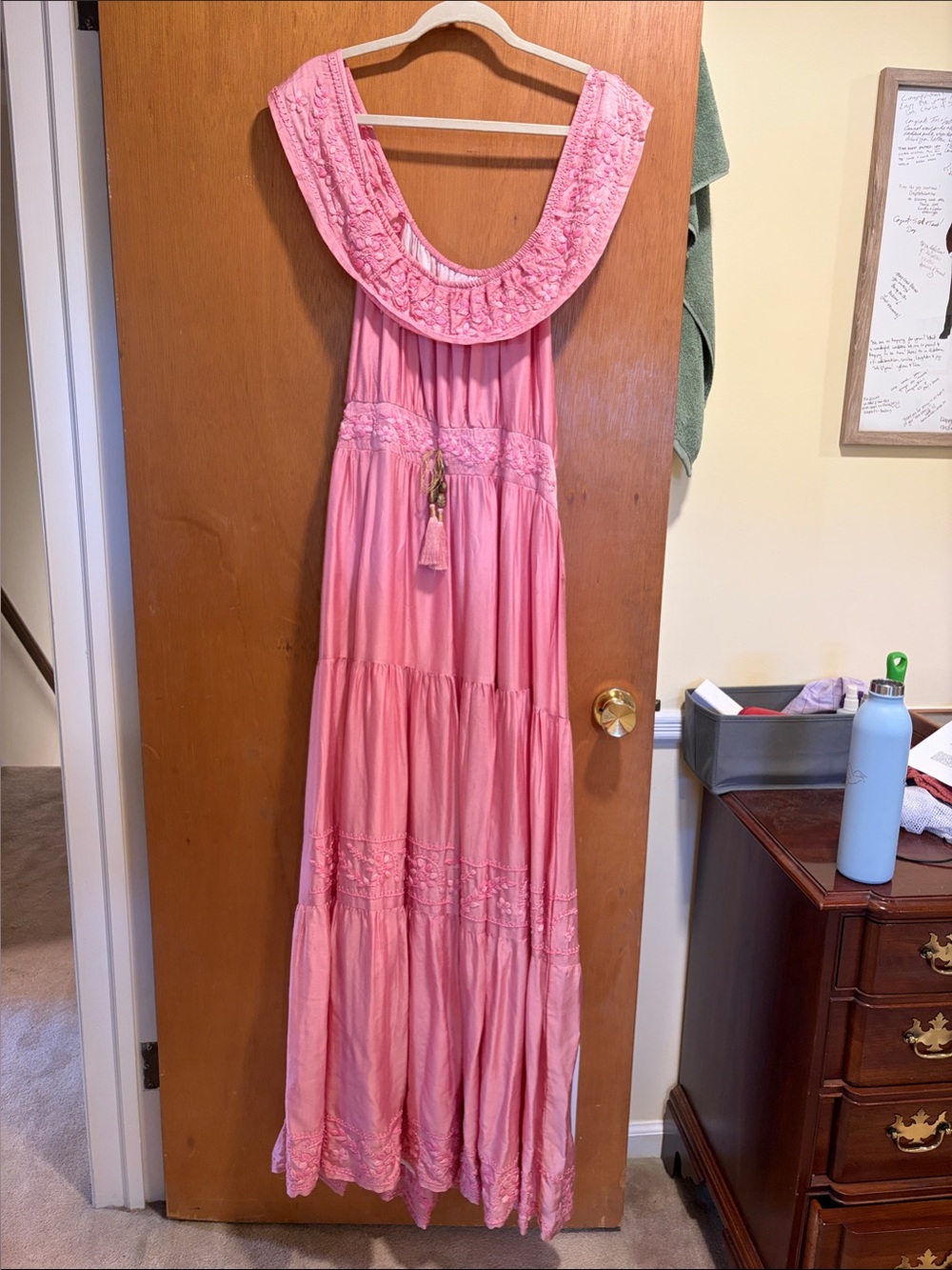 Pink Embroidered Maxi Dress with Tassel Waist